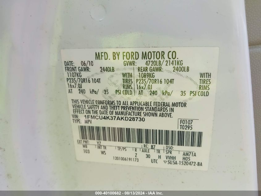 2010 Ford Escape Hybrid Limited VIN: 1FMCU4K37AKD28730 Lot: 40100682