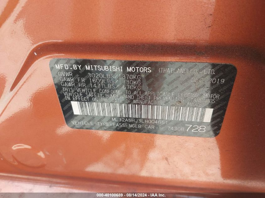 ML32A5HJ3LH004651 2020 Mitsubishi Mirage Le