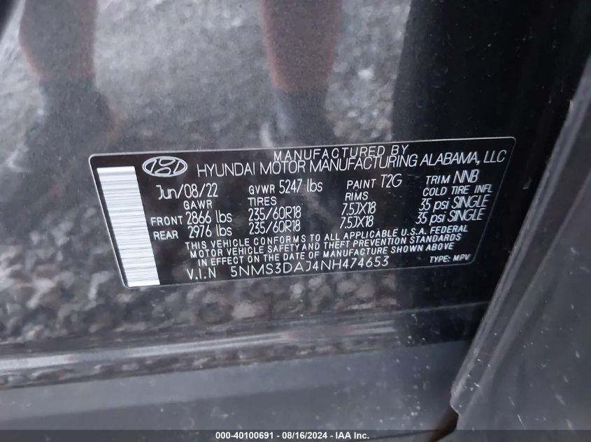 2022 Hyundai Santa Fe Sel VIN: 5NMS3DAJ4NH474653 Lot: 40100691