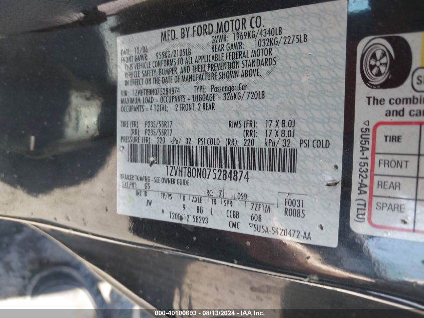 2007 Ford Mustang V6 Deluxe/V6 Premium VIN: 1ZVHT80N075284874 Lot: 40100693