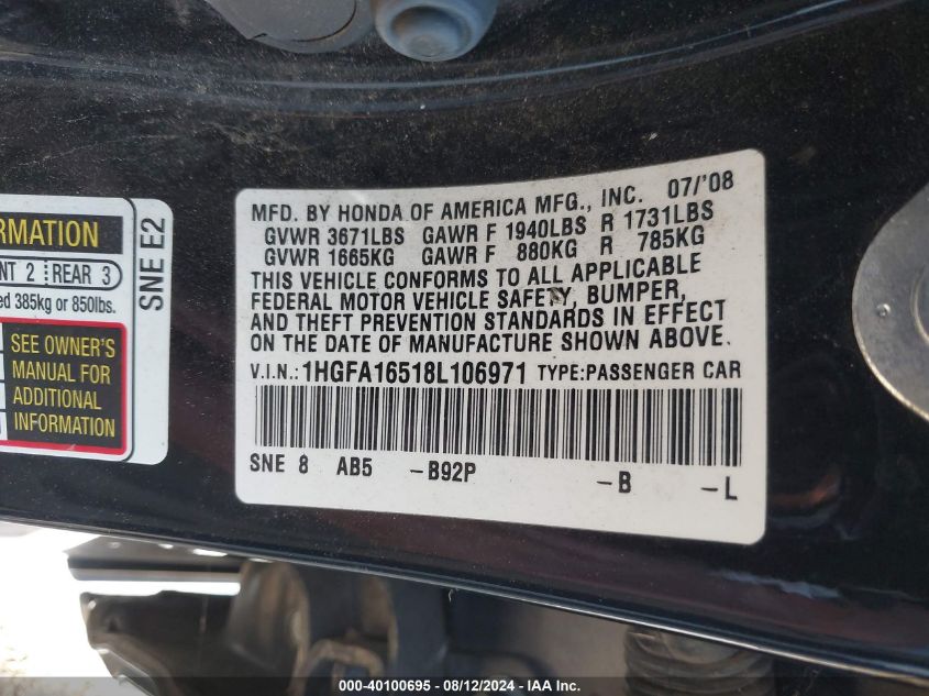 2008 Honda Civic Sdn Lx VIN: 1HGFA16518L106971 Lot: 40100695