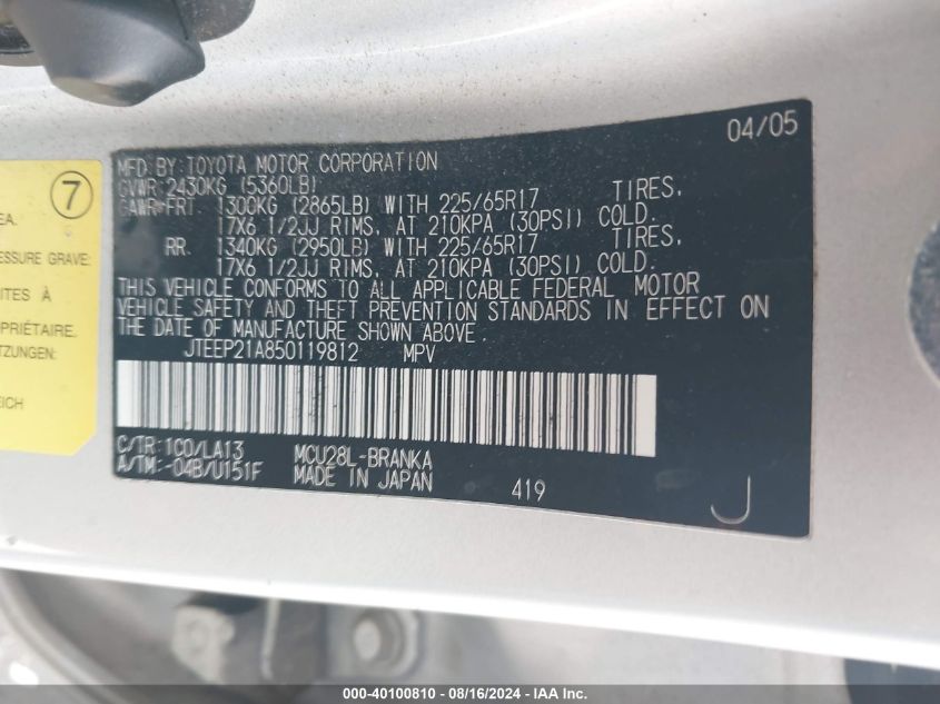 2005 Toyota Highlander Limited VIN: JTEEP21A850119812 Lot: 40100810