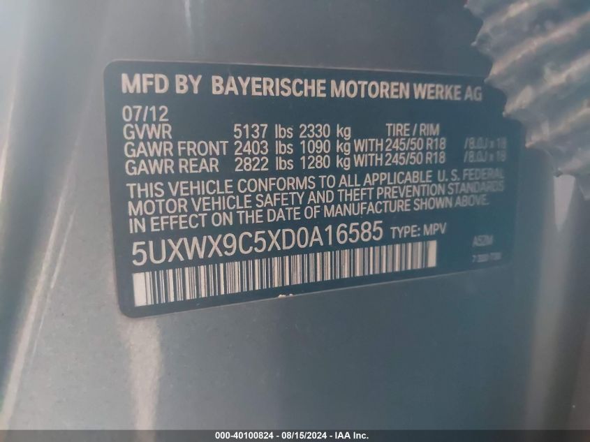 5UXWX9C5XD0A16585 2013 BMW X3 xDrive28I