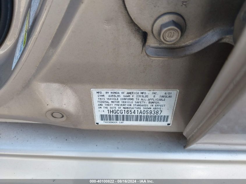2001 Honda Accord Ex VIN: 1HGCG16541A059387 Lot: 40100822