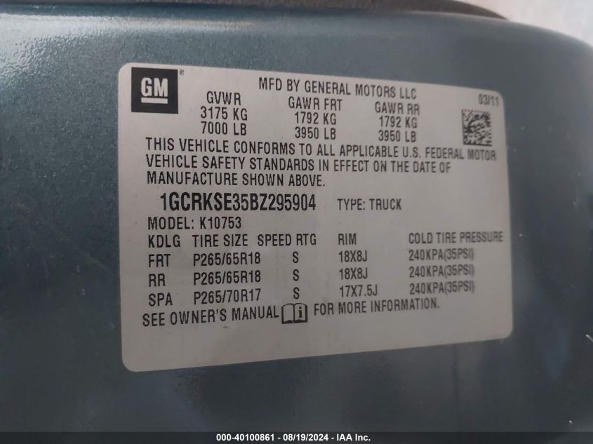 2011 Chevrolet Silverado 1500 Lt VIN: 1GCRKSE35BZ295904 Lot: 40100861
