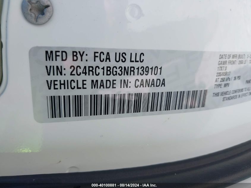 2022 Chrysler Pacifica Touring L VIN: 2C4RC1BG3NR139101 Lot: 40100881