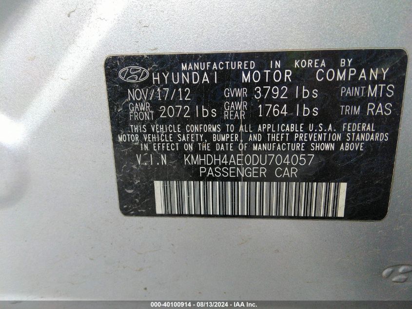 KMHDH4AE0DU704057 2013 Hyundai Elantra Limited