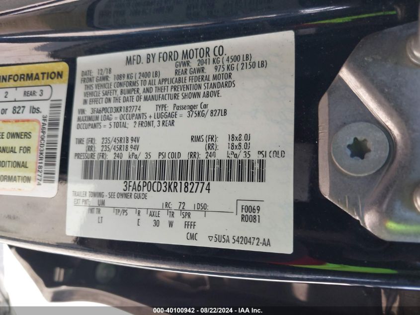 2019 FORD FUSION SEL - 3FA6P0CD3KR182774