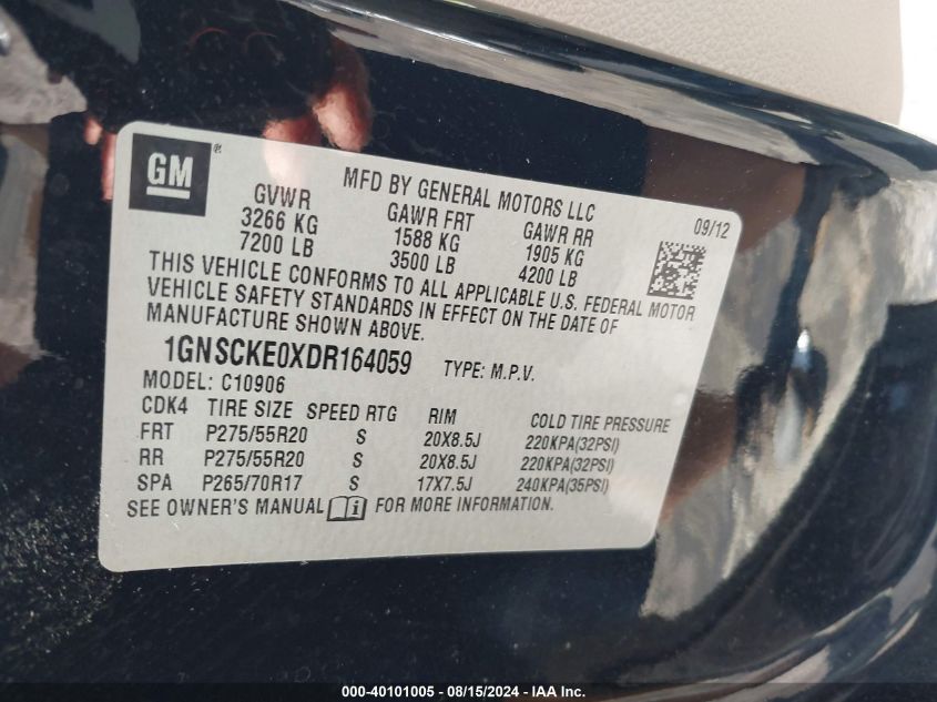 2013 Chevrolet Suburban 1500 Ltz VIN: 1GNSCKE0XDR164059 Lot: 40101005