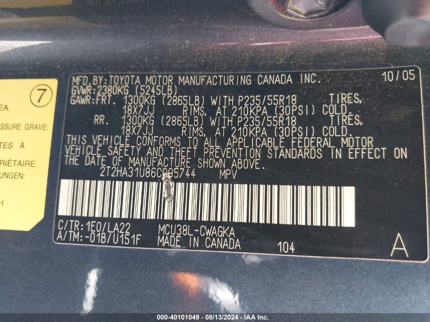 2006 Lexus Rx 330 VIN: 2T2HA31U86C095744 Lot: 40101049