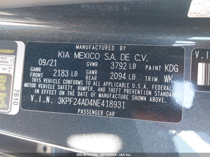 2022 Kia Forte Lxs VIN: 3KPF24AD4NE418931 Lot: 40101064