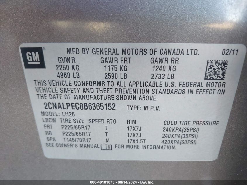 2011 Chevrolet Equinox Lt VIN: 2CNALPEC8B6365152 Lot: 40101073