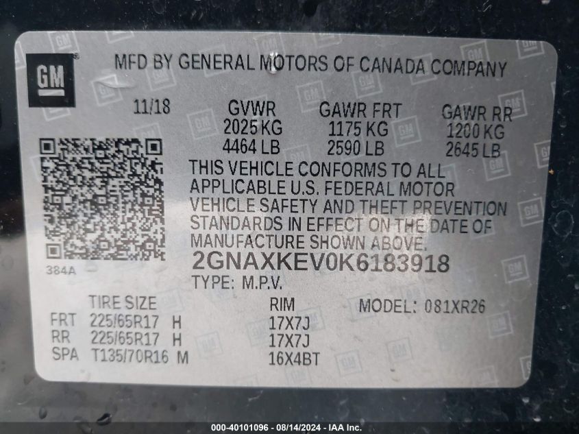 2GNAXKEV0K6183918 2019 Chevrolet Equinox Lt