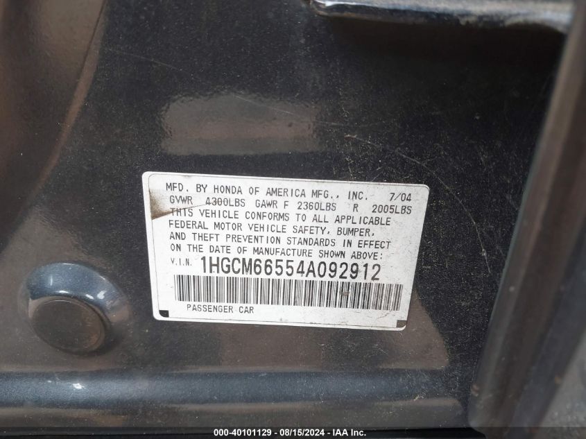 2004 Honda Accord 3.0 Ex VIN: 1HGCM66554A092912 Lot: 40101129