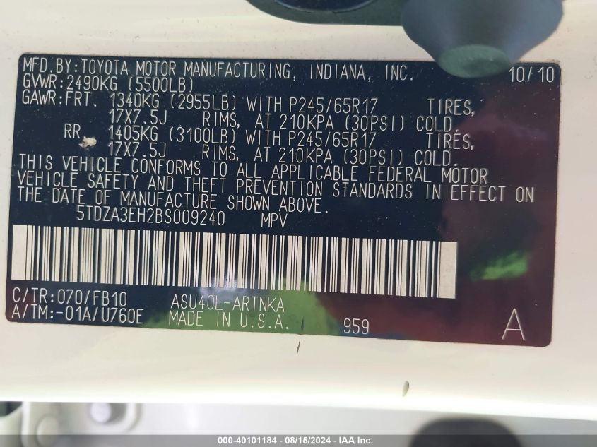 2011 Toyota Highlander VIN: 5TDZA3EH2BS009240 Lot: 40101184