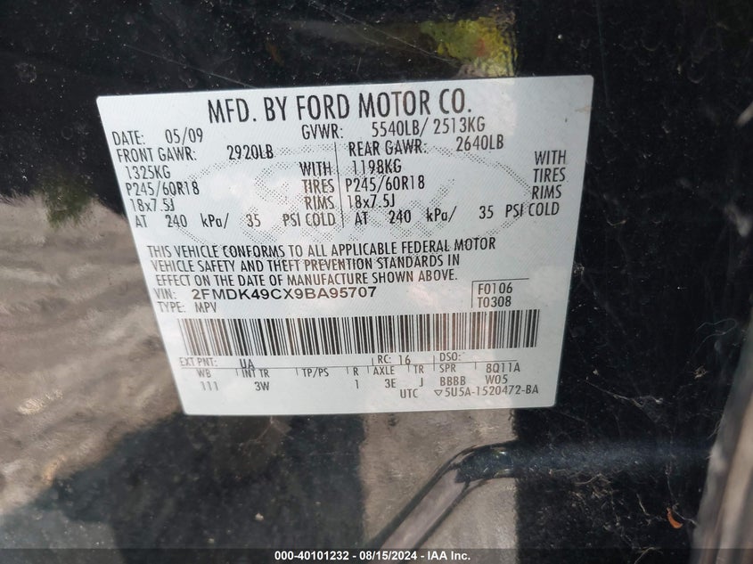 2009 Ford Edge Limited VIN: 2FMDK49CX9BA95707 Lot: 40101232