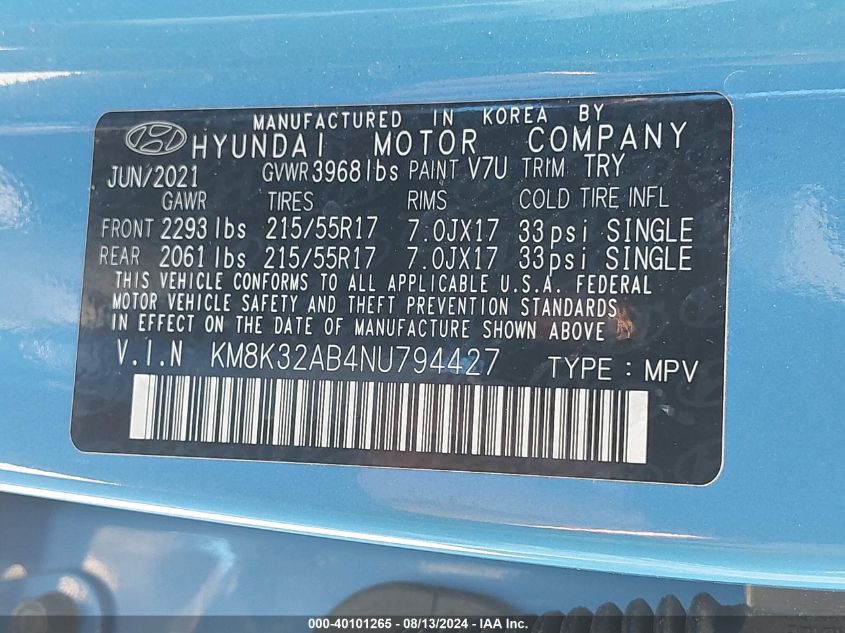 2022 Hyundai Kona Sel VIN: KM8K32AB4NU794427 Lot: 40101265