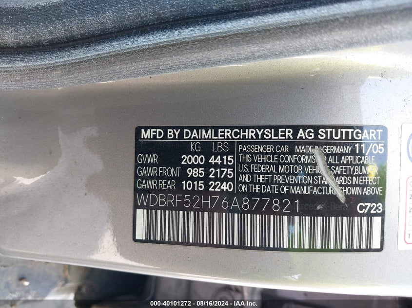 2006 Mercedes-Benz C Sport VIN: WDBRF52H76A877821 Lot: 40101272