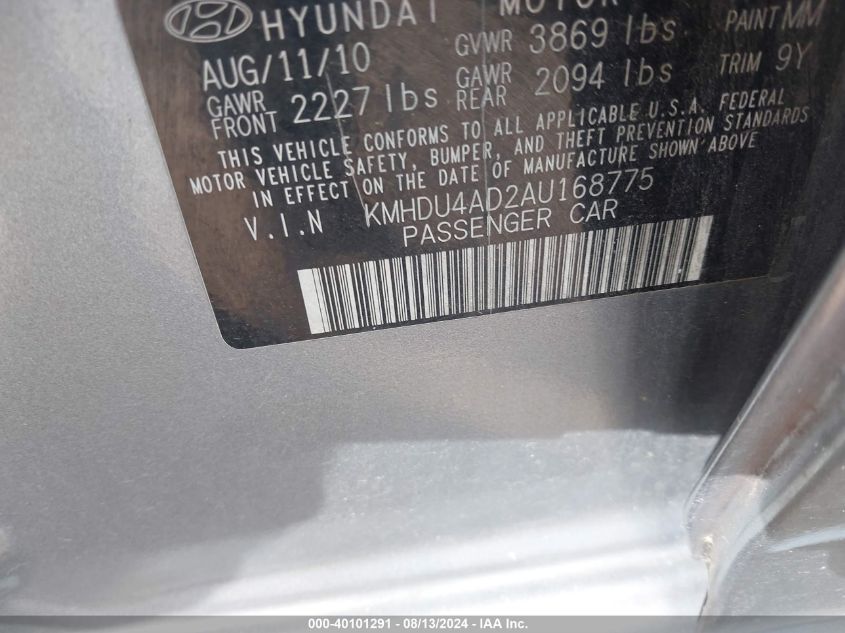 2010 Hyundai Elantra Gls VIN: KMHDU4AD2AU168775 Lot: 40101291