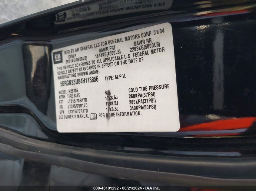2004 Hummer H2 VIN: 5GRGN23U84H113856 Lot: 40101292