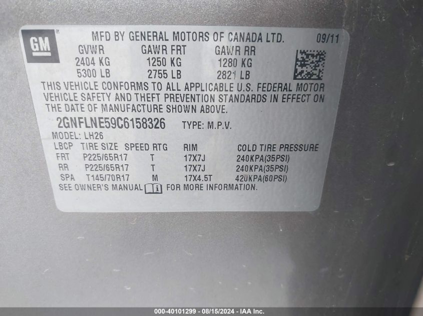 2012 Chevrolet Equinox 2Lt VIN: 2GNFLNE59C6158326 Lot: 40101299