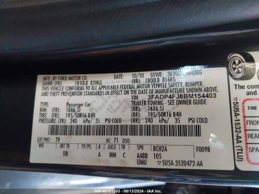 2011 Ford Fiesta Ses VIN: 3FADP4FJ8BM154403 Lot: 40101303