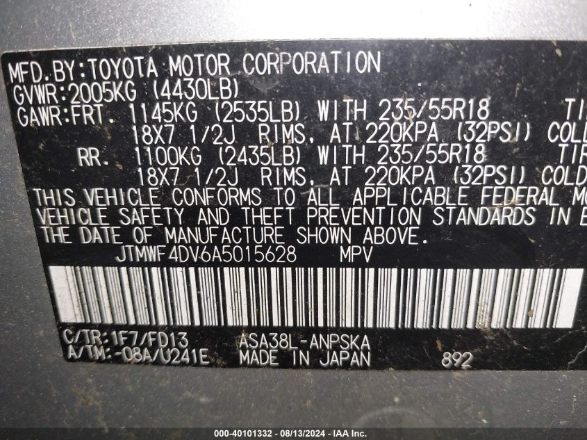 2010 Toyota Rav4 Sport VIN: JTMWF4DV6A5015628 Lot: 40101332