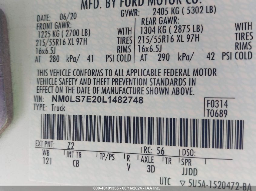 2020 Ford Transit Connect Xl VIN: NM0LS7E20L1482748 Lot: 40101355