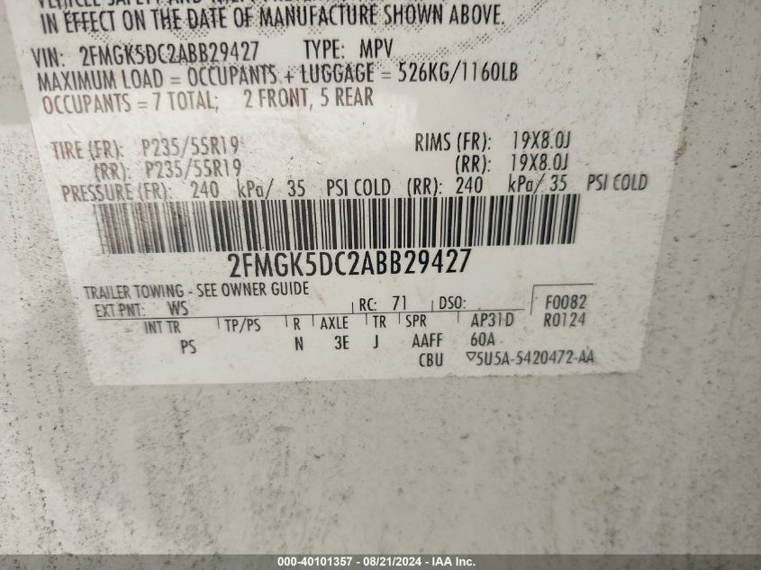 2010 Ford Flex Limited VIN: 2FMGK5DC2ABB29427 Lot: 40101357