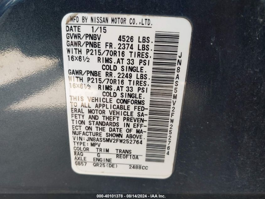 2015 Nissan Rogue Select S VIN: JN8AS5MV2FW252764 Lot: 40101378