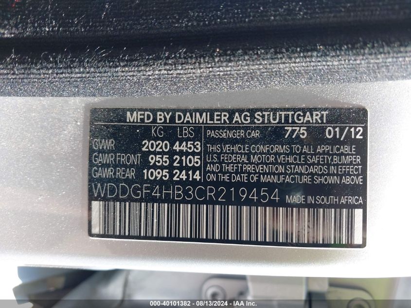 2012 Mercedes-Benz C 250 Luxury/Sport VIN: WDDGF4HB3CR219454 Lot: 40101382