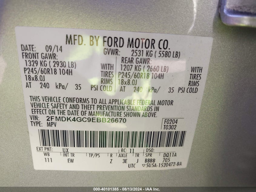 2014 Ford Edge Se VIN: 2FMDK4GC9EBB26670 Lot: 40101385