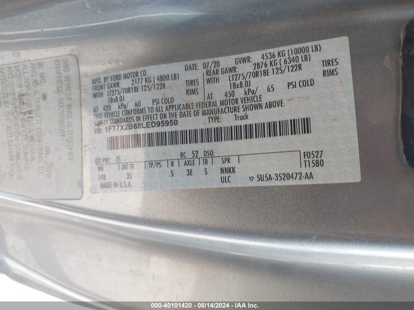 2020 Ford F-250 Xlt VIN: 1FT7X2B68LED95950 Lot: 40101420