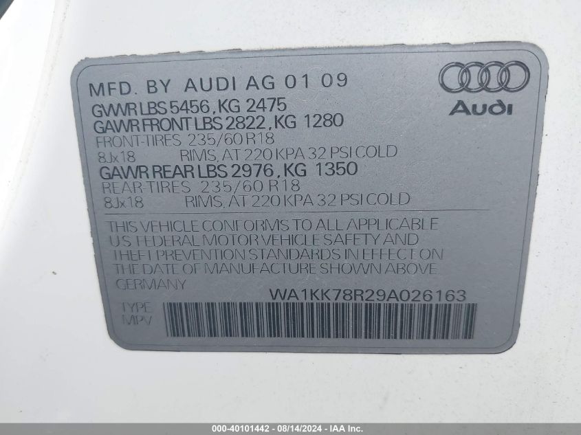 2009 Audi Q5 3.2 Premium VIN: WA1KK78R29A026163 Lot: 40101442