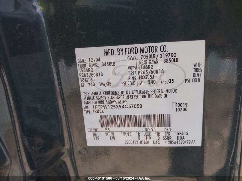 2005 Ford F-150 Lariat/Xlt VIN: 1FTPW125X5KC57058 Lot: 40101506
