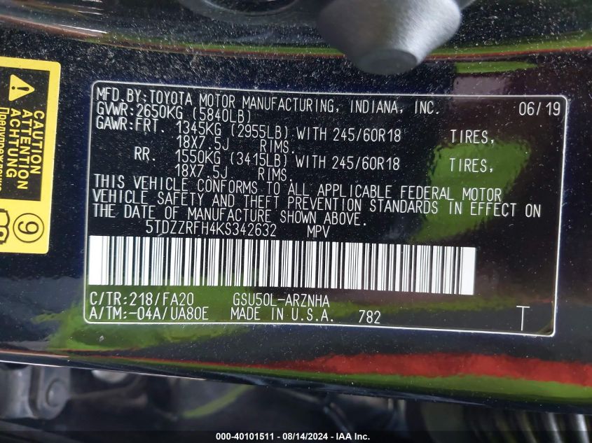 2019 Toyota Highlander Le Plus VIN: 5TDZZRFH4KS342632 Lot: 40101511