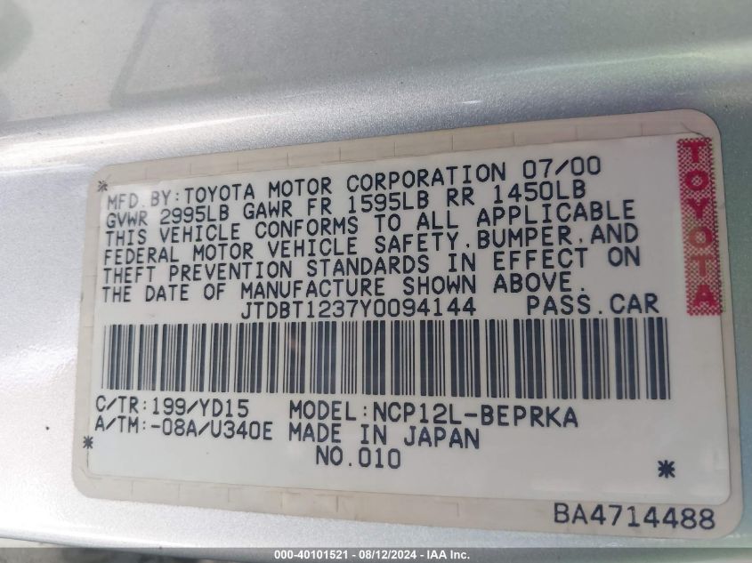 2000 Toyota Echo VIN: JTDBT1237Y0094144 Lot: 40101521