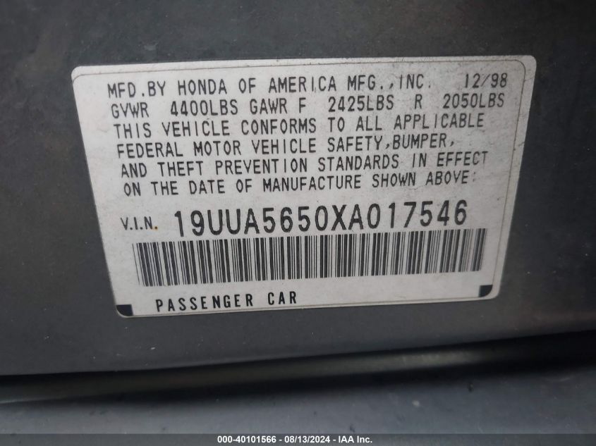 1999 Acura Tl 3.2 VIN: 19UUA5650XA017546 Lot: 40101566