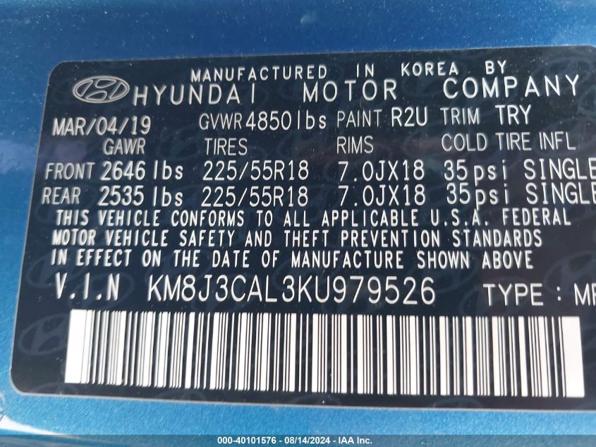 2019 Hyundai Tucson Limited/Sel/Sport/Ultimate/Value/Night VIN: KM8J3CAL3KU979526 Lot: 40101576