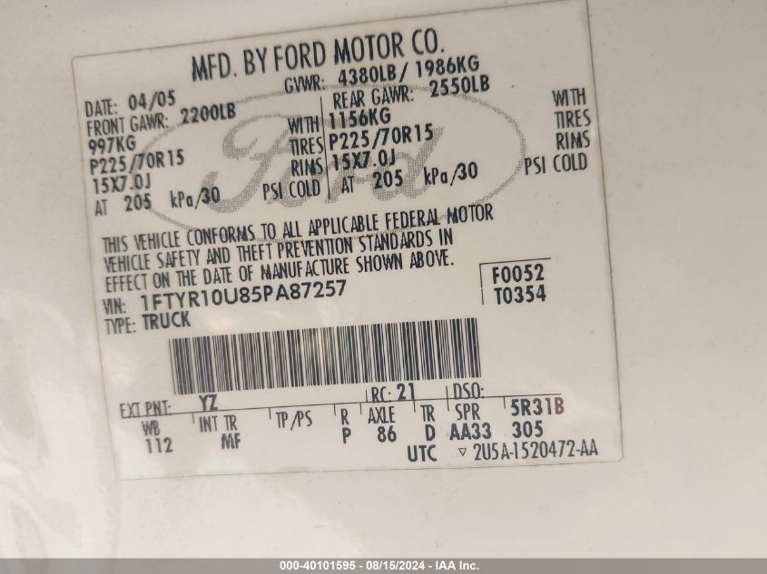 2005 Ford Ranger Edge/Stx/Xl/Xls/Xlt VIN: 1FTYR10U85PA87257 Lot: 40101595