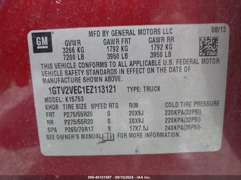 2014 GMC Sierra 1500 Slt VIN: 1GTV2VEC1EZ113121 Lot: 40101597