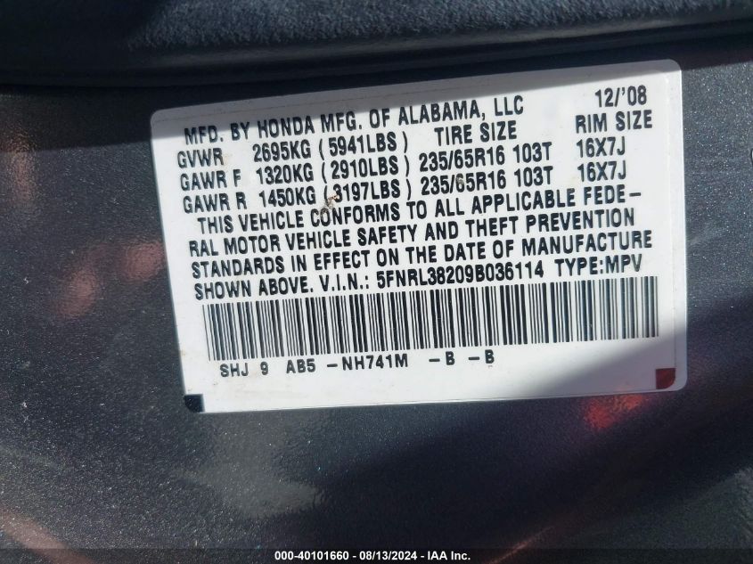 2009 Honda Odyssey Lx VIN: 5FNRL38209B036114 Lot: 40101660