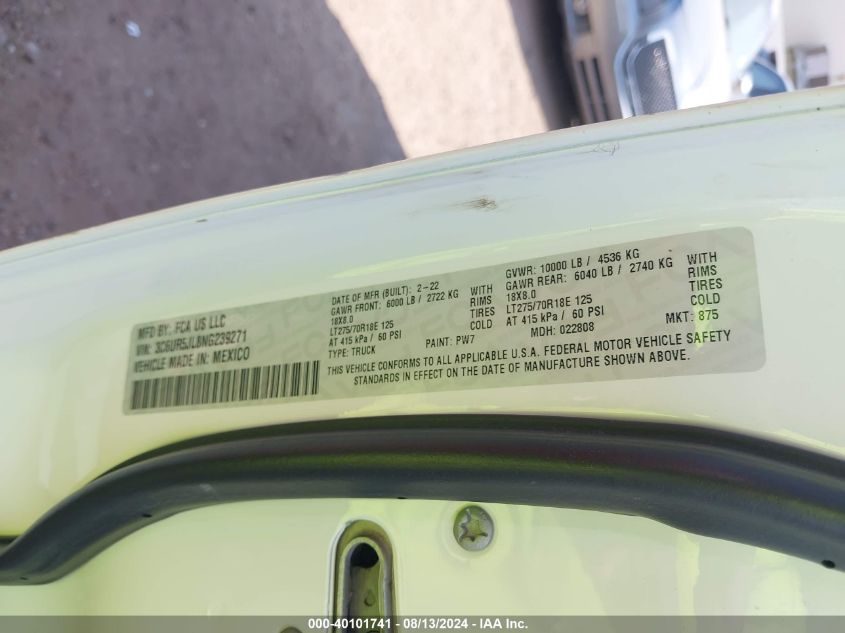 2022 Ram 2500 Big Horn 4X4 8' Box VIN: 3C6UR5JL8NG239271 Lot: 40101741