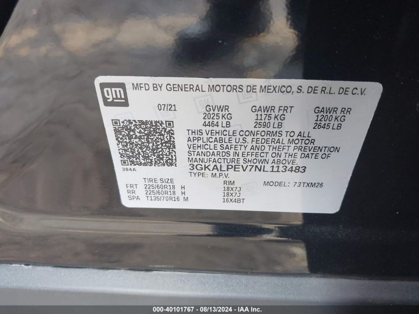 2022 GMC Terrain Fwd Slt VIN: 3GKALPEV7NL113483 Lot: 40101767