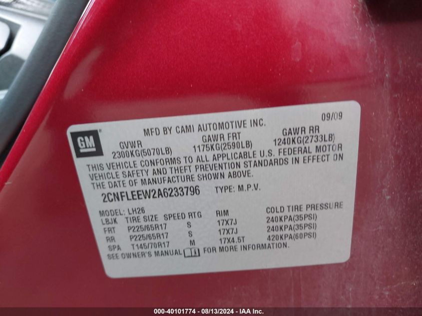 2010 Chevrolet Equinox Lt VIN: 2CNFLEEW2A6233796 Lot: 40101774