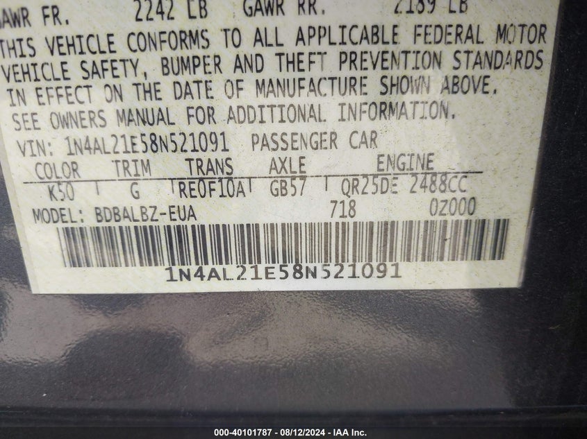 2008 Nissan Altima 2.5 S VIN: 1N4AL21E58N521091 Lot: 40101787