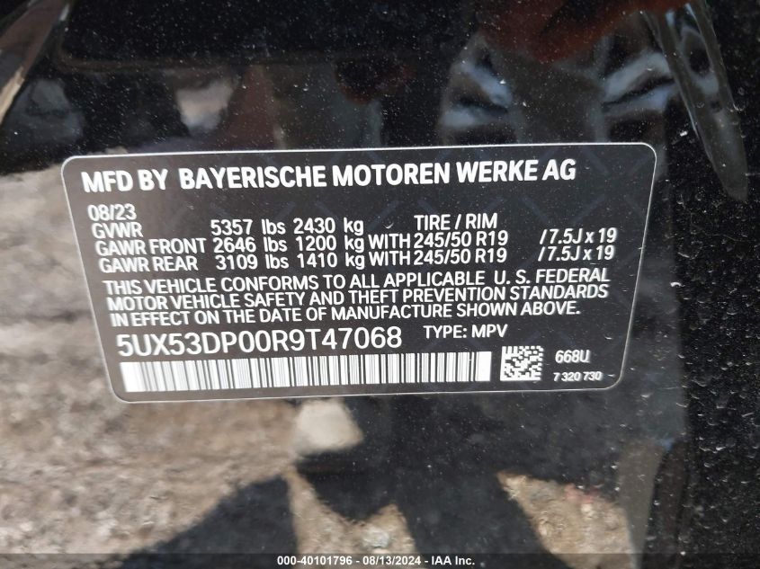 2024 BMW X3 xDrive30I VIN: 5UX53DP00R9T47068 Lot: 40101796