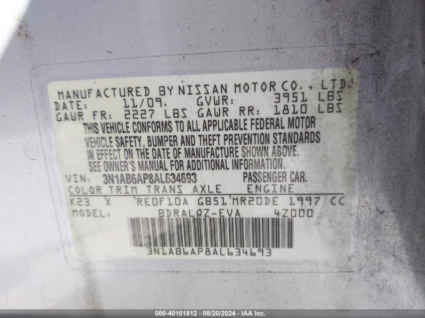 2010 Nissan Sentra 2.0 VIN: 3N1AB6AP8AL634693 Lot: 40101812