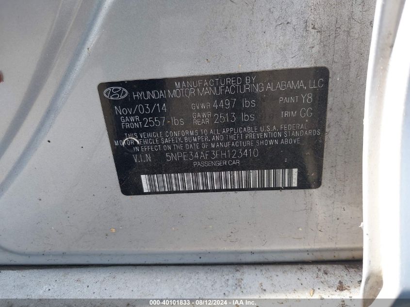 2015 Hyundai Sonata Limited VIN: 5NPE34AF3FH123410 Lot: 40101833