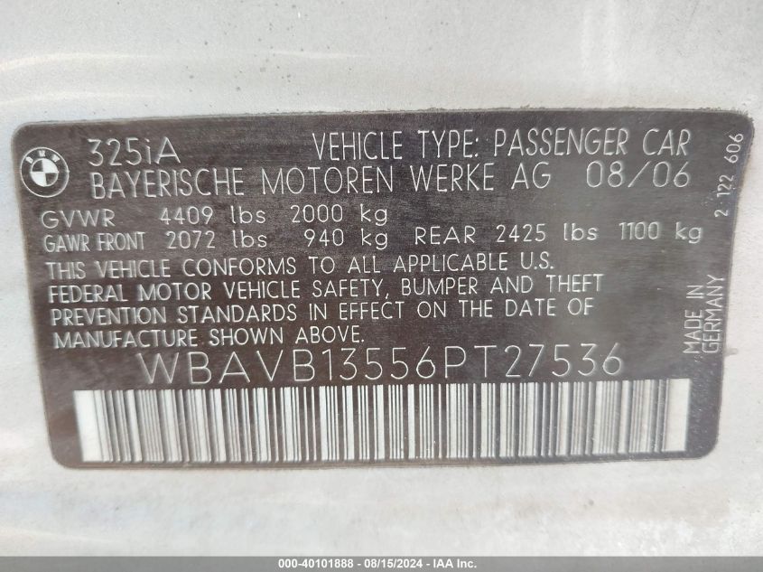 2006 BMW 325I I VIN: WBAVB13556PT27536 Lot: 40101888